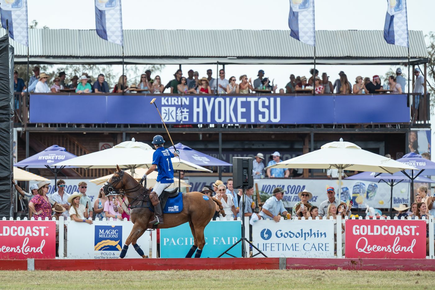 Polo in front of the packed Kirin Hyoketsu grandstand